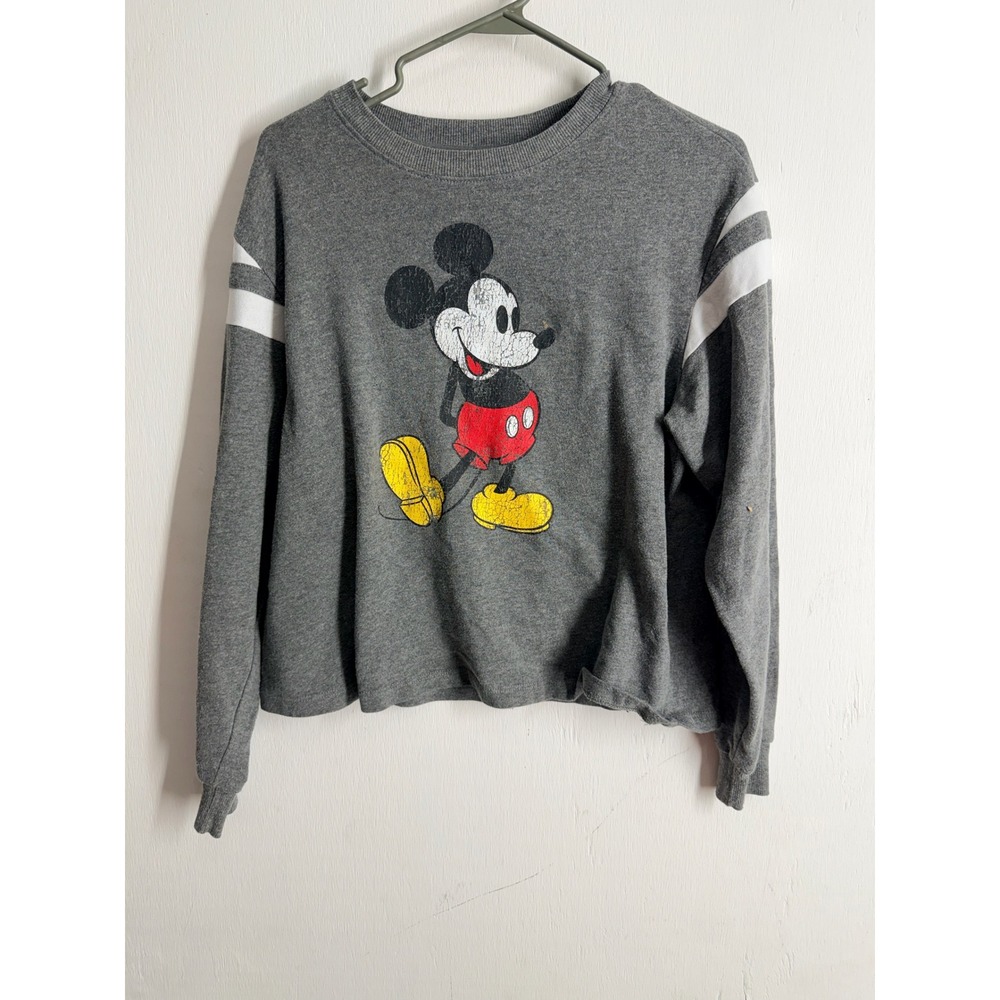 Disney Mickey Mouse Gray Crewneck Sweatshirt Women's Medium Distressed Stripe